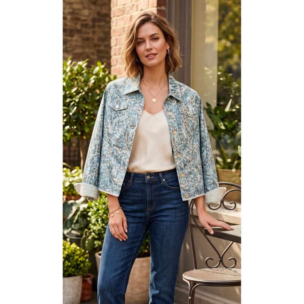 Lara Lane Blue Metallic Animal Print Button Front Trucker Jacket Women Size 14